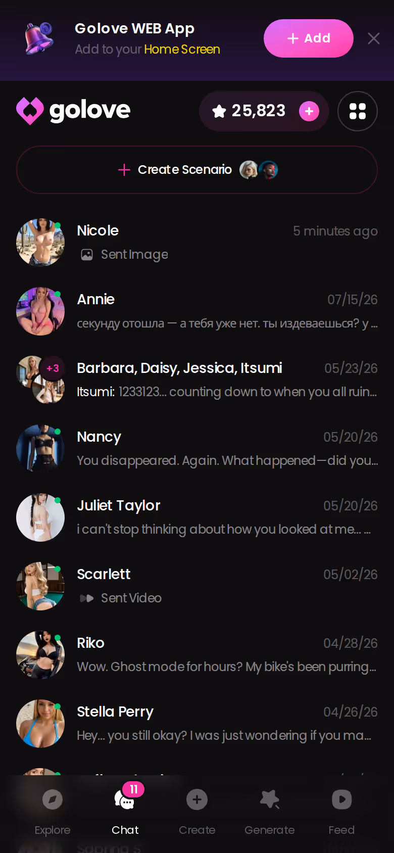 GoLove chat list on mobile — every conversation right there, no sign-in wall
