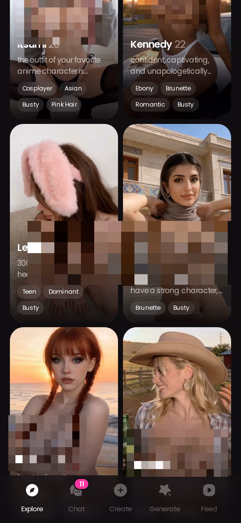 GoLove.ai Explore grid on mobile showing realistic companion profiles that open straight into chat
