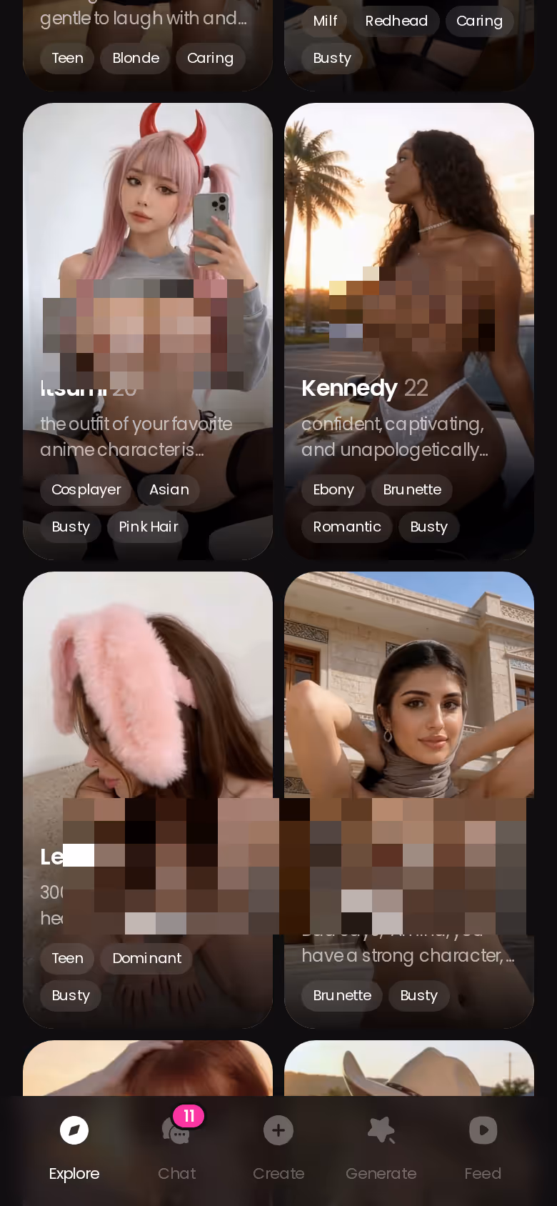 GoLove.ai Explore tab on mobile showing the realistic character roster