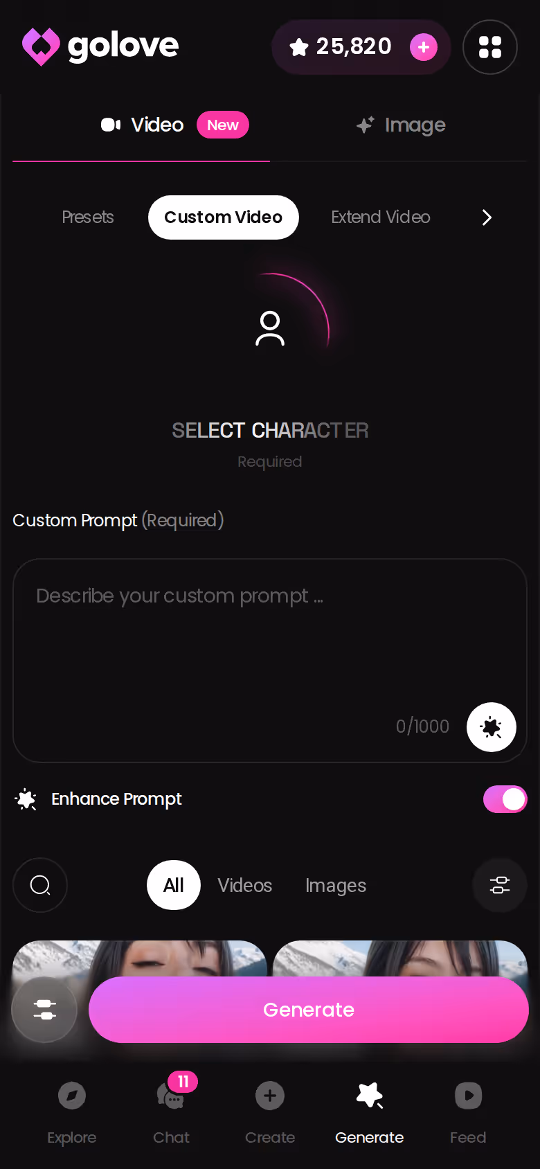 Building a custom clip of your character on mobile in GoLove.ai's generator