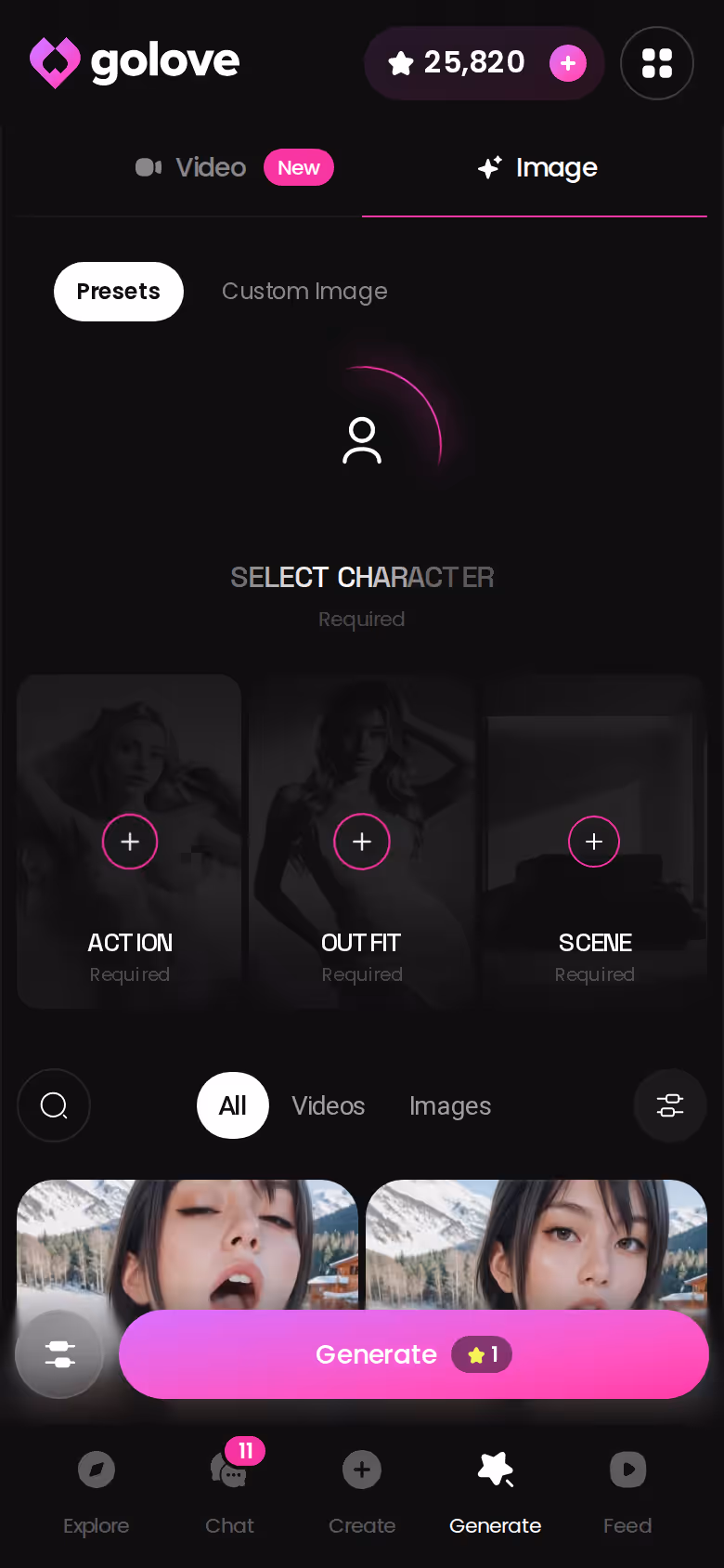 GoLove image generator on mobile with pose and outfit presets