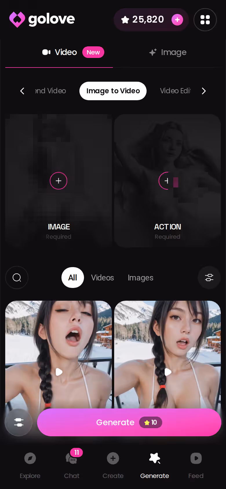 Image to Video on GoLove.ai mobile, turning her first photo into a short clip